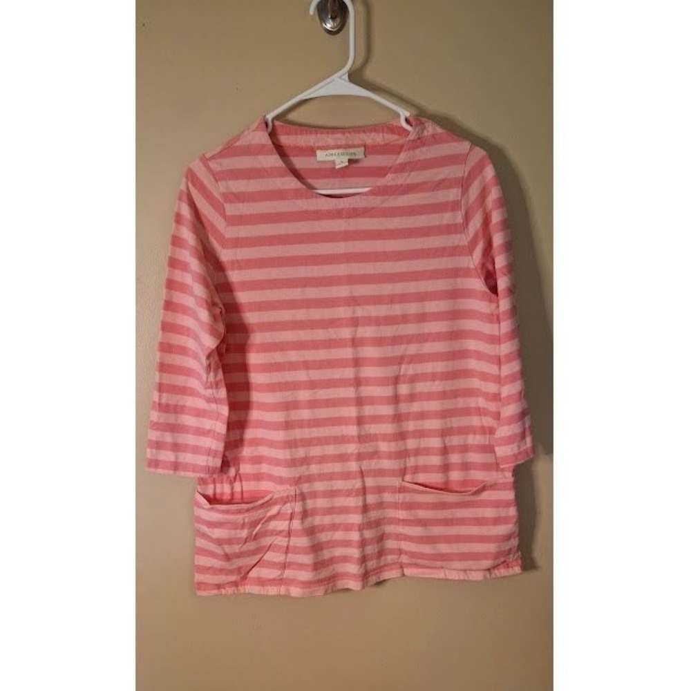 Appleseeds Pink Striped 3/4 Sleeve Cotton Knit Top with Pockets Womens Size M